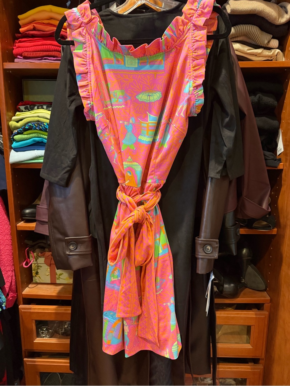 Gretchen Scott Designs Pink Tropical Print Dress with contrasting belt.